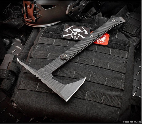 RMJ Tactical Ragnarok 14 tomahawk - shown out of sheath reverse.  Textured black Cerakote 80CRV2 steel plain edge head.  Black G-10 handle.