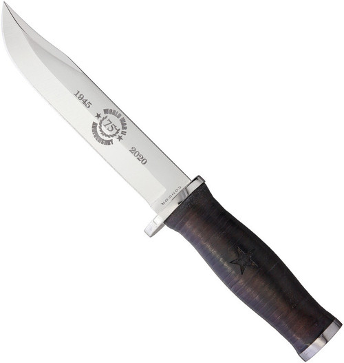 Condor Tool and Knife WWII Commemorative Bowie fixed blade knife - presentation side shown.  1075 HC steel plain edge blade.  Stacked leather handle.  Model CTKWWII-7HC.
For reference only.