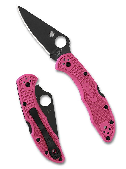 Spyderco Delica 4 folding knife with thumb hole - shown open presentation side and closed pocket clip side.  Black S30V stainless steel plain edge blade.  Pink FRN handle.  Model C11FPPNS30VBK.