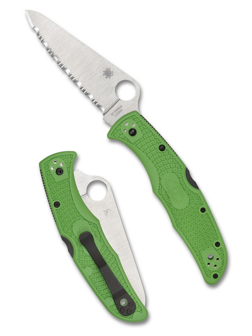 Spyderco Pacific Salt 2 folding knife with thumb hole - shown open presentation side and closed pocket clip side.  Satin LC200N stainless steel serrated edge blade.  Green FRN handle.  Model C91FSGR2.
