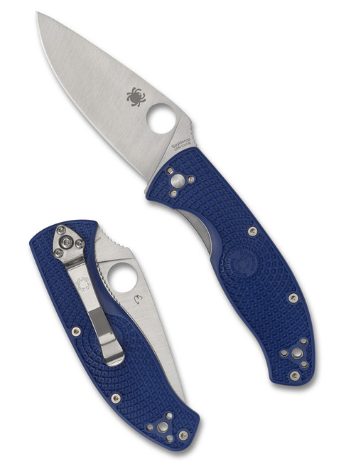 Spyderco Tenacious folding knife with thumb hole - shown open presentation side and closed pocket clip side.  Satin S35VN stainless steel plain edge blade.  Blue FRN handle.  Model C122PBL.