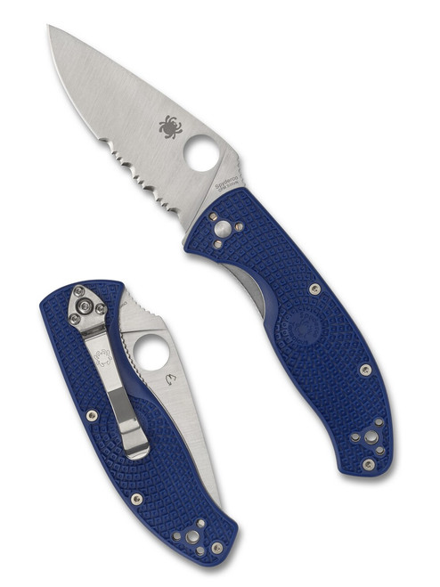Spyderco Tenacious folding knife with thumb hole - shown open presentation side and closed pocket clip side.  Satin S35VN stainless steel combo edge blade.  Blue FRN handle.  Model C122PSBL.
