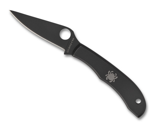 Spyderco Honeybee folding knife with thumb hole - shown open obverse.  Black 3Cr13 stainless steel plain edge blade.  Black stainless steel handle.  Model C137BKP.
