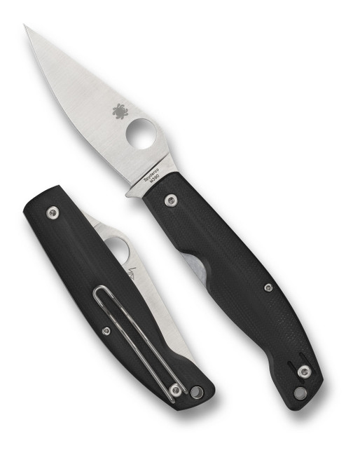 Spyderco Pattadese folding knife with thumb hole - shown open presentation side and closed pocket clip side.  Satin M390 stainless steel plain edge blade.  Black G-10 handle.  Model C257GP.