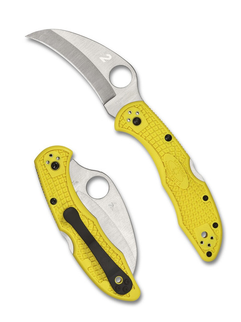 Spyderco Tasman Salt 2 folding knife with thumb hole - shown open presentation side and closed pocket clip side.  Satin H-2 stainless steel plain edge blade.  Yellow FRN handle.  Model C106PYL2.