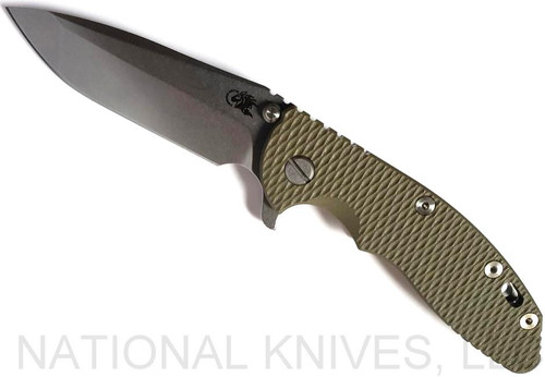 Rick Hinderer Knives XM-18 3.5" Spanto folding knife with thumb stud and flipper tab - shown open presentation side.  Stonewash S45VN stainless steel plain edge blade.  OD green G-10 handle with stonewash lock side.  Model K2002SGS00.