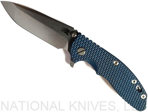 Rick Hinderer Knives XM-18 3.5" Spanto folding knife with thumb stud and flipper tab - shown open presentation side.  Stonewash S45VN stainless steel plain edge blade.  Blue - black G-10 handle with stonewash lock side.  Model K2002SGS00.