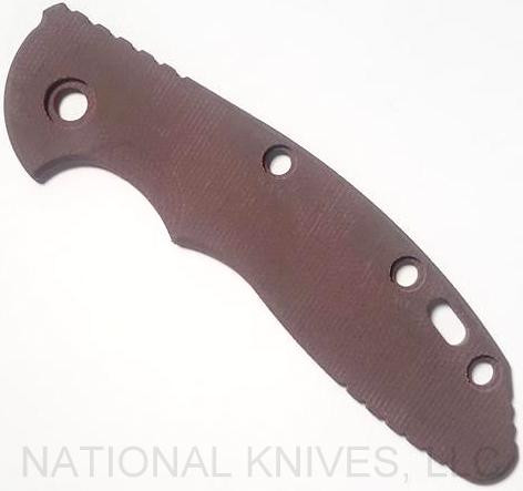 Rick Hinderer Knives XM-18 3.5" Smooth Micarta handle scale - obverse shown.  Burgundy color.