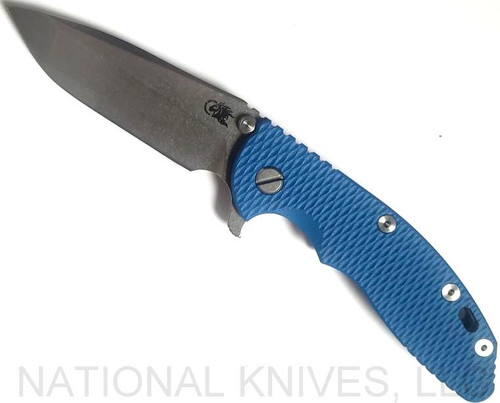 Rick Hinderer Knives XM-18 3.5" Spanto folding knife with thumb stud and flipper tab - shown open presentation side.  Stonewash S45VN stainless steel plain edge blade.  Blue G-10 handle with stonewash blue lock side.  Model KXM35SPA.