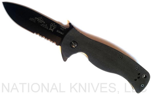 Emerson Knives Sheepdog Spear Point BTS folding knife with thumb disk, flipper tab, and Emerson Wave opener - shown open presentation side.  Black 154CM stainless steel combo edge blade.  Black G-10 handle.  Model SHEEPDOG-SPEAR-BTS.