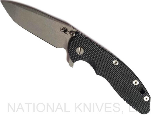 Rick Hinderer Knives XM-18 3.5" Spanto folding knife with thumb stud and flipper tab - shown open presentation side.  Working Finish S45VN stainless steel plain edge blade.  Black G-10 handle with Working Finish lock side.  Model KXME35SPA.