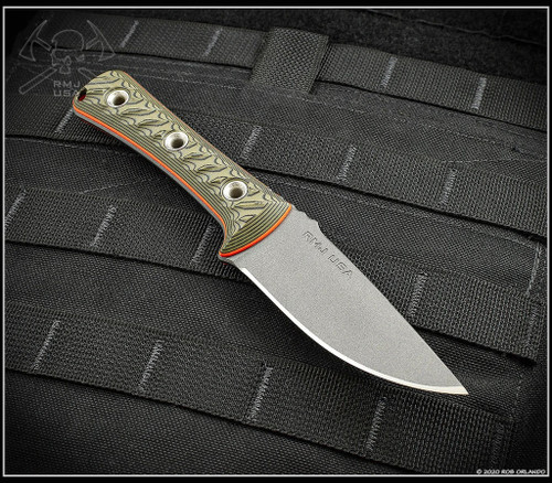 RMJ Tactical Utsidihi fixed blade knife - shown out of sheath obverse.  Tungsten Cerakote Nitro-V stainless steel plain edge blade.  Blaze Olive G-10 handle.