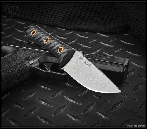 RMJ Tactical Utsidihi fixed blade knife - shown out of sheath obverse.  Tungsten Cerakote Nitro-V stainless steel plain edge blade.  Black G-10 handle.  Model K-UT2-TU-BL.