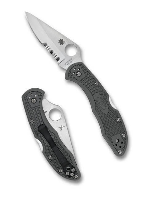 Spyderco Delica 4 folding knife with thumb hole - shown open presentation side and closed pocket clip side.  Satin VG-10 stainless steel combo edge blade.  Foliage Green FRN handle.  Model C11PSFG.