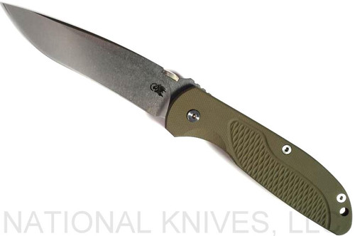 Rick Hinderer Knives Firetac Recurve folding knife with thumb disk - shown open presentation side.  Stonewash 20CV stainless steel plain edge blade.  OD green G-10 handle with stonewash lock side.  Model K205FSGS00.