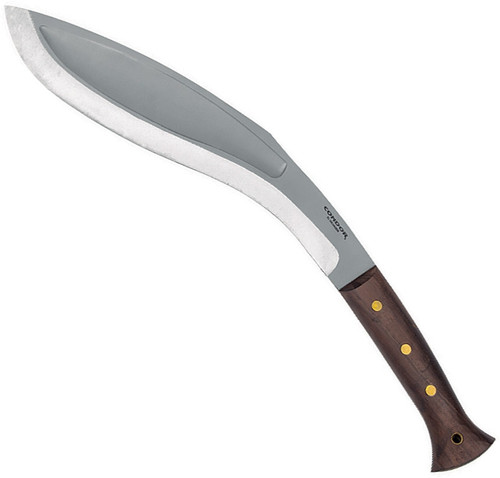 Condor Tool and Knife King Kukri fixed blade knife - shown out of sheath reverse.  1075 HC steel plain edge blade.  Wood handle.  Model CTK1820-12.5HC.