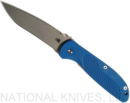 Rick Hinderer Knives Firetac Recurve folding knife with thumb disk - shown open presentation side.  Working Finish 20CV stainless steel plain edge blade.  Blue G-10 handle with Battle Blue lock side.  Model K205FSGW00.