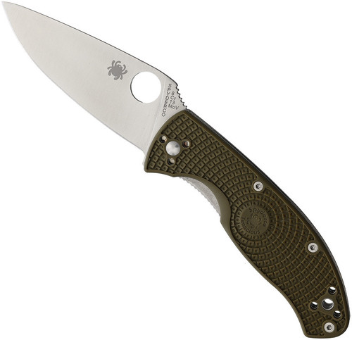 Spyderco Tenacious Blue Ridge Knives Exclusive folding knife with thumb hole - shown open presentation side.  Satin 8Cr13MoV stainless steel plain edge blade.  OD green FRN handle.  Model C122POD.
For reference only.