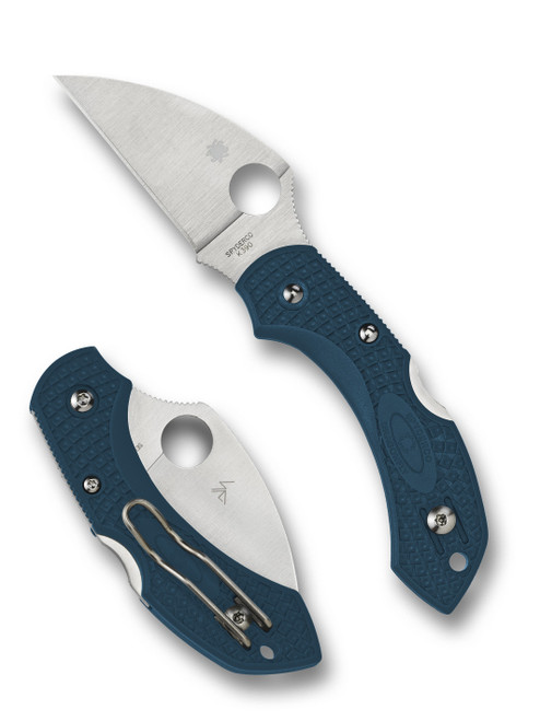 Spyderco Dragonfly 2 folding knife with thumb hole - shown open presentation side and closed pocket clip side.  Satin K390 steel, wharncliffe, plain edge blade.  Blue FRN handle.  Model C28FP2WK390.