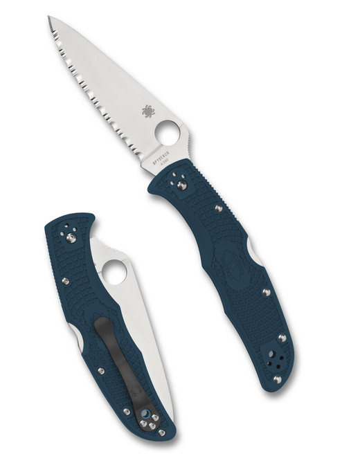 Spyderco Endura 4 folding knife with thumb hole - shown open presentation side and closed pocket clip side.  Satin K390 steel serrated edge blade.  Blue FRN handle.  Model C10FSK390.
For reference only.