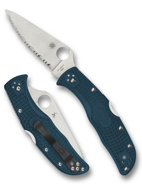 Spyderco Endela folding knife with thumb hole - shown open presentation side and closed pocket clip side.  Satin K390 steel serrated edge blade.  Blue FRN handle.  Model C243FSK390.
