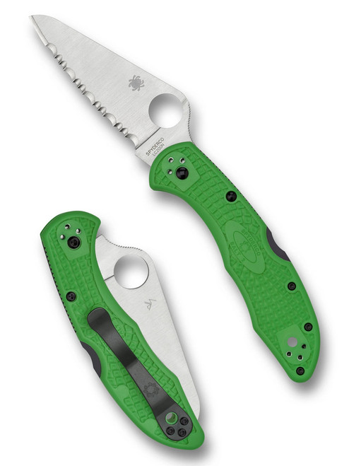 Spyderco Salt 2 folding knife with thumb hole - shown open presentation side and closed pocket clip side.  Satin LC200N stainless steel serrated edge blade.  Green FRN handle. Model C88FSGR2.