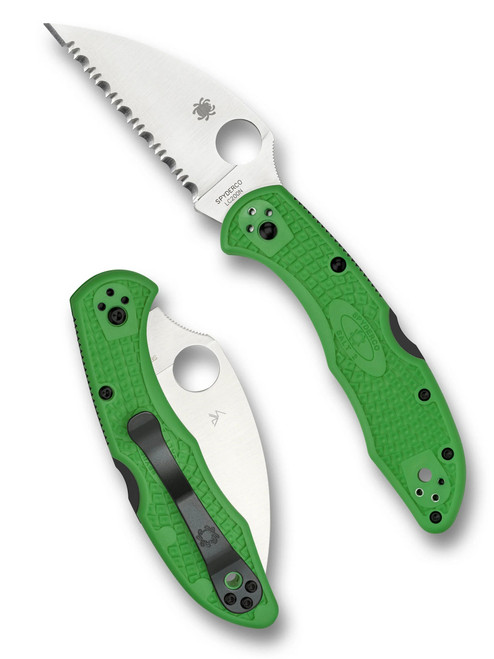 Spyderco Salt 2 Wharncliffe folding knife with thumb hole - shown open presentation side and closed pocket clip side.  Satin LC200N stainless steel serrated edge blade.  Green FRN handle. Model C88FSWCGR2.