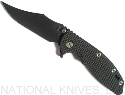 Rick Hinderer Knives XM-18 3.5" Bowie folding knife with thumb stud and flipper tab - shown open presentation side.  Battle Black 20CV stainless steel plain edge blade.  OD green - black G-10 handle with Battle Black titanium lock side.  Model K20320SNNC.