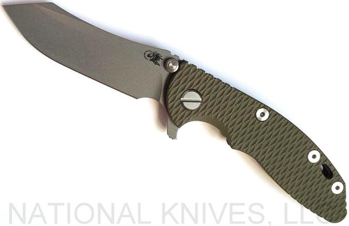 Rick Hinderer Knives XM-18 3.0" Skinner folding knife with thumb studs and flipper tab - shown open presentation side.  Working Finish 20CV stainless steel plain edge blade.  OD green G-10 handle with Battle Bronze lock side.  Model K1041SGW00.