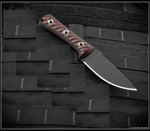 RMJ Tactical Utsidihi fixed blade knife - shown out of sheath obverse.  Graphite Black Cerakote Nitro-V stainless steel plain edge blade.  Johnny Red G-10 handle.
