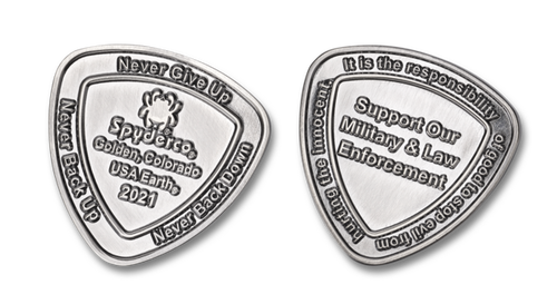 Spyderco 2021 Challenge Coin - both obverse and reverse shown.  Antique Nickel finish.  Model COIN2021.
For reference only.