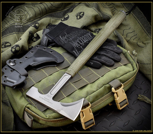RMJ Tactical Loggerhead tomahawk - shown out of sheath reverse.  Tungsten Cerakote 80CRV2 plain edge head.  Green rubber handle.  Model T-L15-TU-OD.