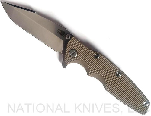 Rick Hinderer Knives Eklipse Harpoon Spanto folding knife with thumb stud and flipper tab - shown open presentation side.  Stonewash 20CV stainless steel plain edge blade.  FDE G-10 handle with stonewash lock side.  Model K40442SGS00.