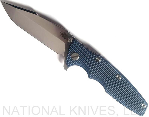 Rick Hinderer Knives Eklipse Harpoon Spanto folding knife with thumb stud and flipper tab - shown open presentation side.  Stonewash 20CV stainless steel plain edge blade.  Blue - black G-10 handle with stonewash lock side.  Model K40442SGS00.