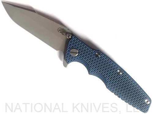 Rick Hinderer Knives Eklipse Harpoon Spanto folding knife with thumb stud and flipper tab - shown open presentation side.  Working Finish 20CV stainless steel plain edge blade.  Blue - black G-10 handle with Working Finish lock side.  Model K40442SGW00.