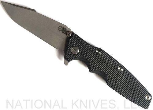 Rick Hinderer Knives Eklipse Harpoon Spanto folding knife with thumb stud and flipper tab - shown open presentation side.  Working Finish 20CV stainless steel plain edge blade.  Black G-10 handle with Battle Blue lock side.  Model K40442SGW00.