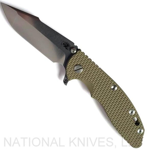 Rick Hinderer Knives Skinny XM-18 3.5" Harpoon Spanto folding knife with thumb stud and flipper tab - shown open presentation side.  Stonewash 20CV stainless steel plain edge blade.  OD green G-10 handle with stonewash bronze lock side.  Model K2555SGS00.