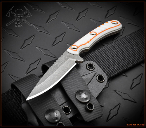 RMJ Tactical Explore More Sparrow fixed blade knife - shown out of sheath reverse.  Stainless Cerakote Nitro-V stainless steel plain edge blade.  Gray and orange G-10 handle.
For reference only.