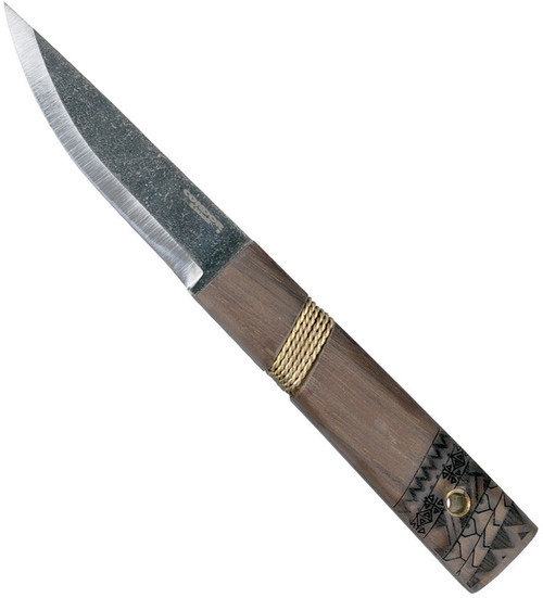 Condor Tool and Knife Indigenous Puukko fixed blade knife - shown out of sheath reverse.  1095 steel plain edge blade.  Wood handle.  Model CTK2811-3.9HC.