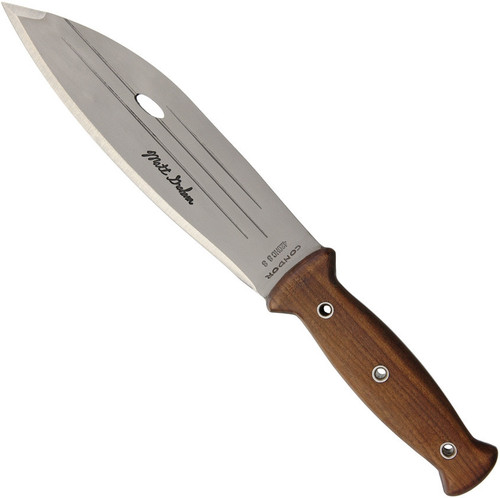 Condor Tool and Knife Primitive Bush fixed blade knife - shown out of sheath reverse.  420HC stainless steel plain edge blade.  Wood handle.  Model CTK242-8.