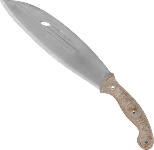Condor Tool and Knife Primitive Bush Mondo fixed blade knife - shown out of sheath reverse.  1075 steel plain edge blade.  Micarta handle.  Model CTK3924-9.9.
For reference only.