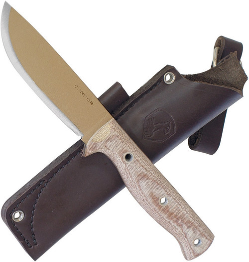 Condor Tool and Knife Desert Romper fixed blade knife - shown out of sheath reverse with sheath in background.  1075 HC steel plain edge blade.  Micarta handle.  Model CTK3909-4.5.
For reference only.