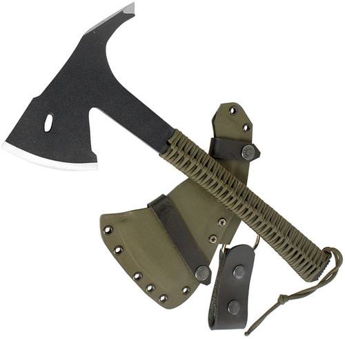Condor Tool and Knife Sentinel Axe - shown out of sheath with sheath in background.  1075 steel plain edge construction.  Army Green wrapped cord handle.  Model CTK1809-3.6.