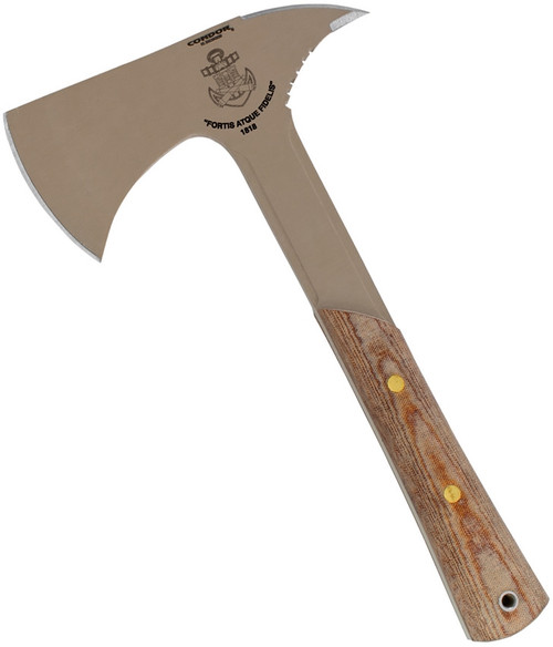 Condor Tool and Knife Fortis Fidelis Axe - shown out of sheath obverse.  Tan coated 1075 steel plain edge head.  Brown Micarta handle.  Model CTK1816-6.7HC.
For reference only.
