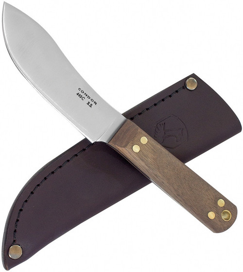 Condor Tool and Knife Hivernant fixed blade knife - shown out of sheath obverse with sheath in background.  440C stainless steel plain edge blade.  Wood handle.  Model CTK106-4.5-4C.
For reference only.