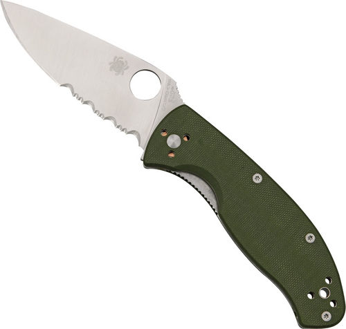 Spyderco Blue Ridge Knives Exclusive Tenacious folding knife with thumb hole - shown open presentation side.  Satin 8Cr13MoV stainless steel combo edge blade.  Green G-10 handle.  C122GPSGR.