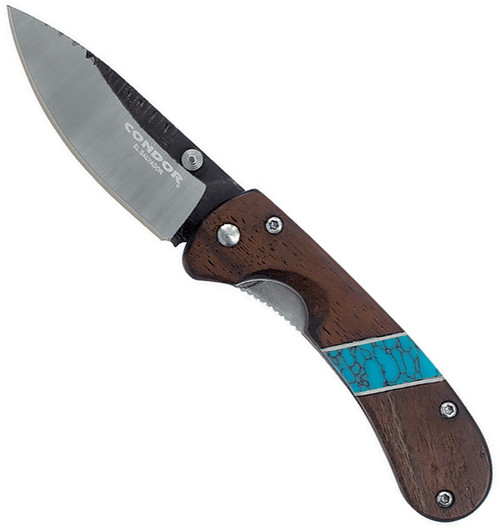 Condor Tool and Knife Blue River Hunter folding knife - shown open presentation side.  440C stainless steel plain edge blade.  Wood and mixed material handle.  Model CTK2828-3-4C.