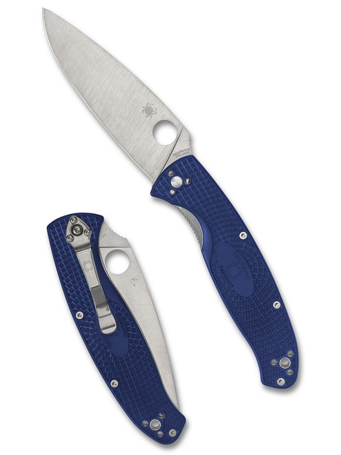 Spyderco Resilience folding knife with thumb hole - shown open presentation side and closed pocket clip side.  Satin S35VN stainless steel plain edge blade.  Blue FRN handle.  Model C142PBL.