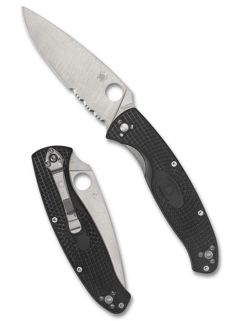 Spyderco Resilience folding knife with thumb hole - shown open presentation side and closed pocket clip side.  Satin 8Cr13MoV stainless steel combo edge blade.  Black FRN handle.  Model C142PSBK.
For reference only.