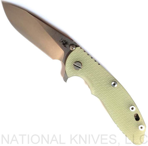 Rick Hinderer Knives XM-18 3.5" Slicer folding knife with thumb stud and flipper tab - shown open presentation side.  Stonewash 20CV stainless steel plain edge blade.  Translucent Green G-10 handle with stonewash lock side.  Model K310102S000.
